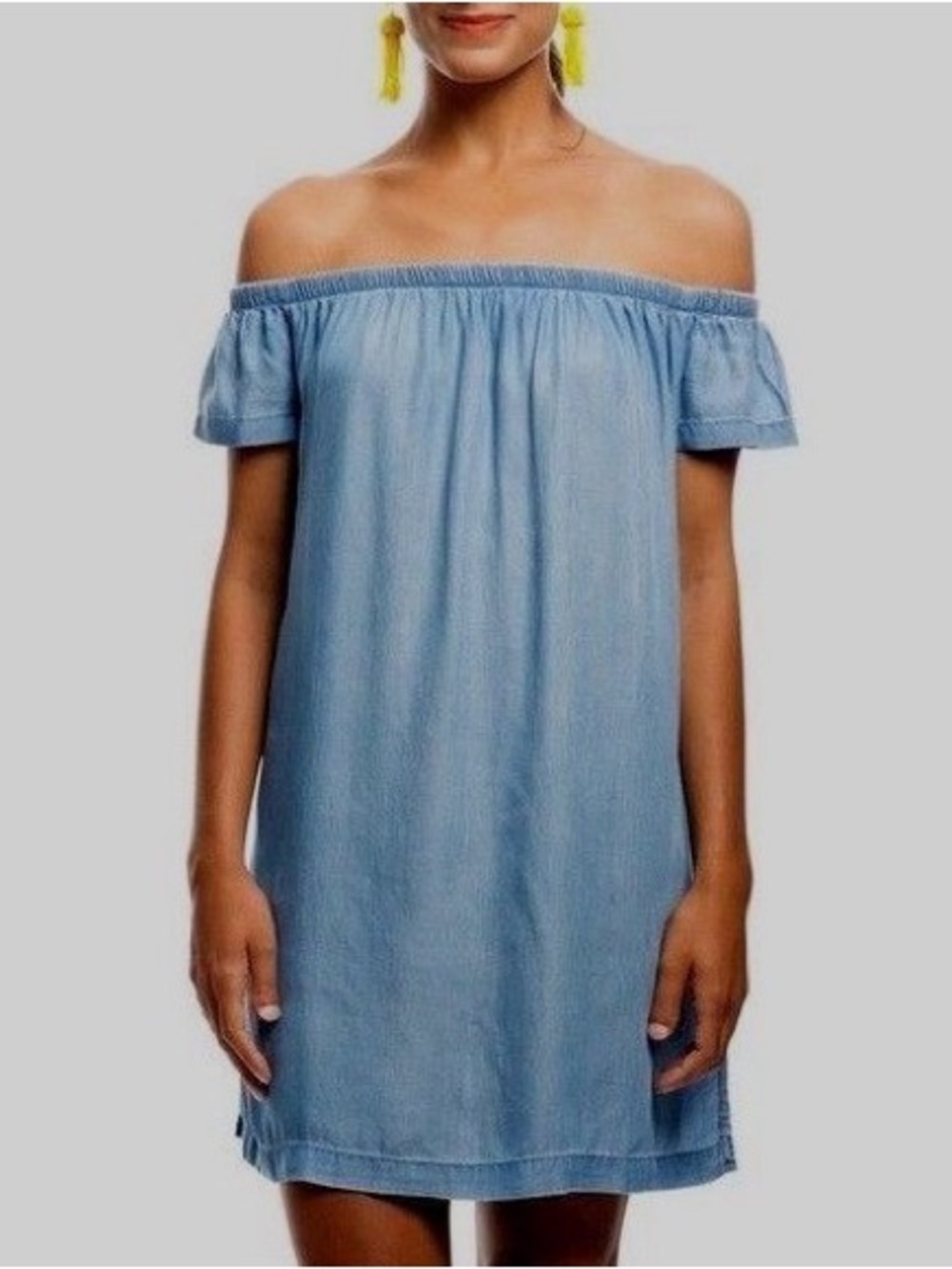 Anthropologie Cloth & Stone Off-Shoulder Mini Dress Blue Chambray Denim Western - Picture 15 of 15